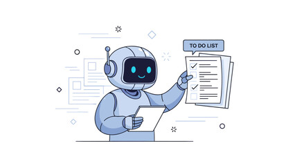 Friendly robot completes to-do list with clipboard in futuristic setting