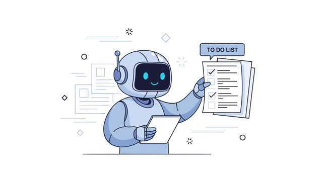 Friendly robot completes to-do list with clipboard in futuristic setting - Powered by Adobe