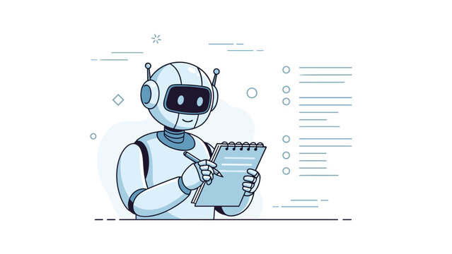 Smiling robot writes notes with pen and notepad in futuristic setting