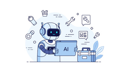 Friendly robot interacting with tools and devices in a futuristic digital illustration