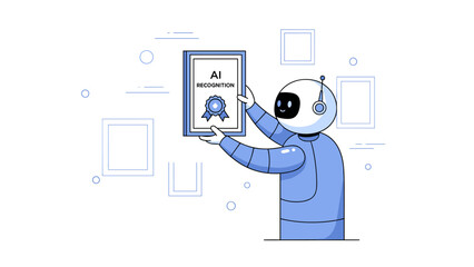 Robot achieving ai recognition award in blue hue