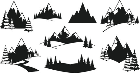 A collection of silhouetted mountain and tree graphics in black and white © Jesmin