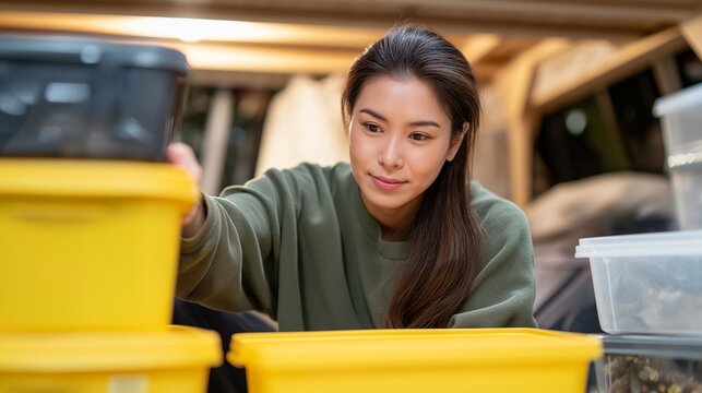 A woman organizing autumn, winter, and spring decorations into labeled stackable containers, using a folding table in the garage to declutter and prepare for the next festive season. cinematic