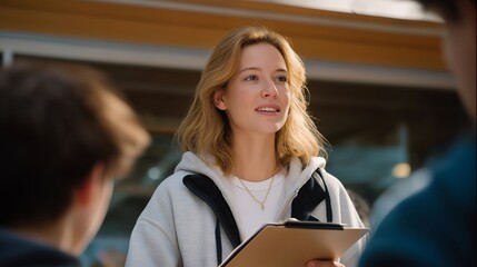 A teacher guiding her students through a calm evacuation drill, holding a clipboard and reassuring them with a steady voice — preparedness, safety training, and crisis readiness. cinematic color