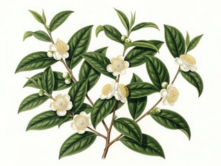 Fototapeta premium Camellia sinensis tea plant with white flowers and green leaves botanical plant