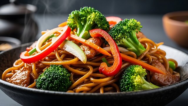 A hot bowl of vegetable stir-fried noodles with broccoli and bell peppers. Chifa food for recipe, food blogs, restaurant marketing and culinary travel content