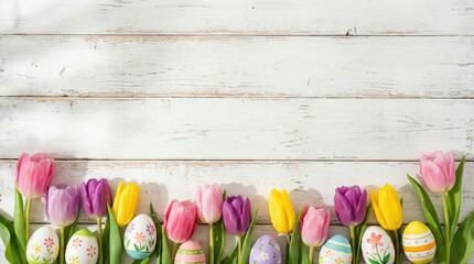 Easter banner with hand painted floral eggs and colorful spring tulips on rustic wood 4k