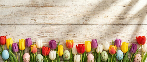 Vibrant Easter border featuring multi colored tulips and patterned eggs on white wooden table 4k