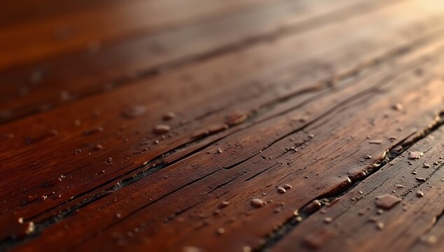 Macro close-animated movie of wet, textured mahogany wood planks with water droplets and cracks, bathed in warm sunlight.