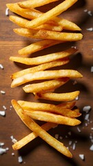 Golden French fries on wooden table.