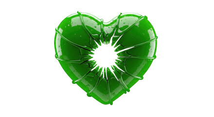 hyperrealistic cgi macro close-up of a toxic neon green viscous heart shape shattering from a black void impact against a vantablack background, showing specular reflections. concept of emotional