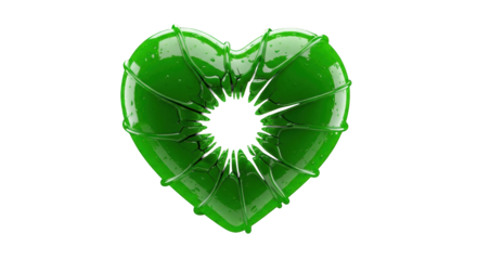 hyperrealistic cgi macro close-up of a toxic neon green viscous heart shape shattering from a black void impact against a vantablack background, showing specular reflections. concept of emotional