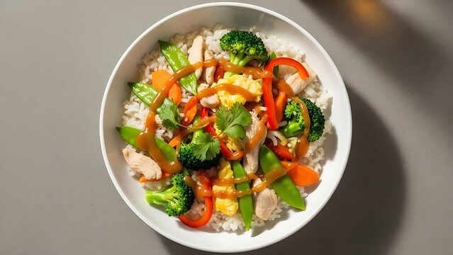 A healthy and vibrant chicken and vegetable stir-fry bowl served over rice. Chifa food for recipe, food blogs, restaurant marketing and culinary travel content