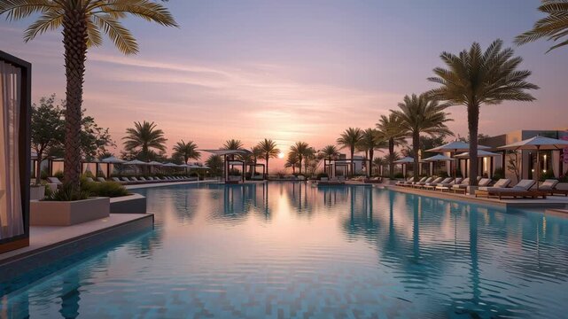 Luxury resort swimming pool with palm trees cabanas and calm water at sunset creating a relaxing tropical vacation and travel atmosphere