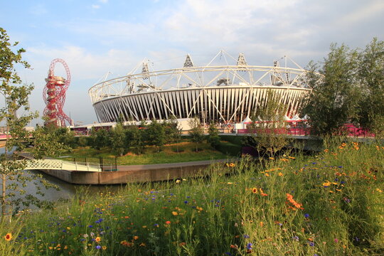 London Stadium and ArcelorMittal Orbit at Queen Elizabeth Olympic Park, London, UK