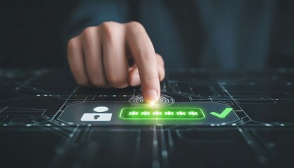 Finger pressing secure login button on digital interface with cybersecurity checkmark