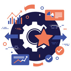 Data analytics visualization with charts, graphs, and gears in modern design