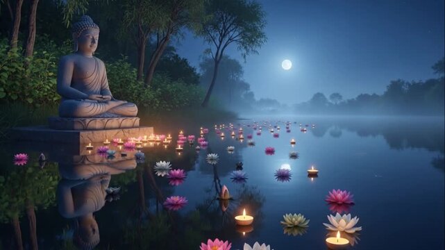 A serene Buddha statue sits on a tiered platform by a misty lake filled with floating lanterns and lotus flowers under a full moon at dusk.