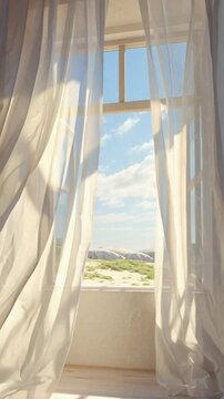 Offenes Fenster mit wehenden Vorh&auml;ngen
