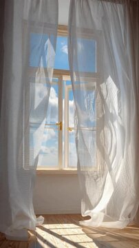 Offenes Fenster mit wehenden Vorh&auml;ngen