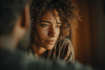 Young African American female psychologist keeping hand of wrist of male patient sitting in front of her and sharing his problems