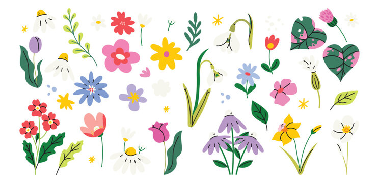Set of hand drawn botanical elements with cute spring flowers and leaves. Floral plant branches, stems with blooming blossoms and leaf. Wild flowers stickers in cartoon doodle style. Flat vector