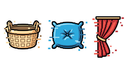 Wicker basket, blue cushion, and red curtain icons on white background