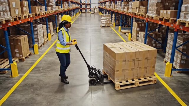 Warehouse worker moving boxes on pallet jack between tall shelves