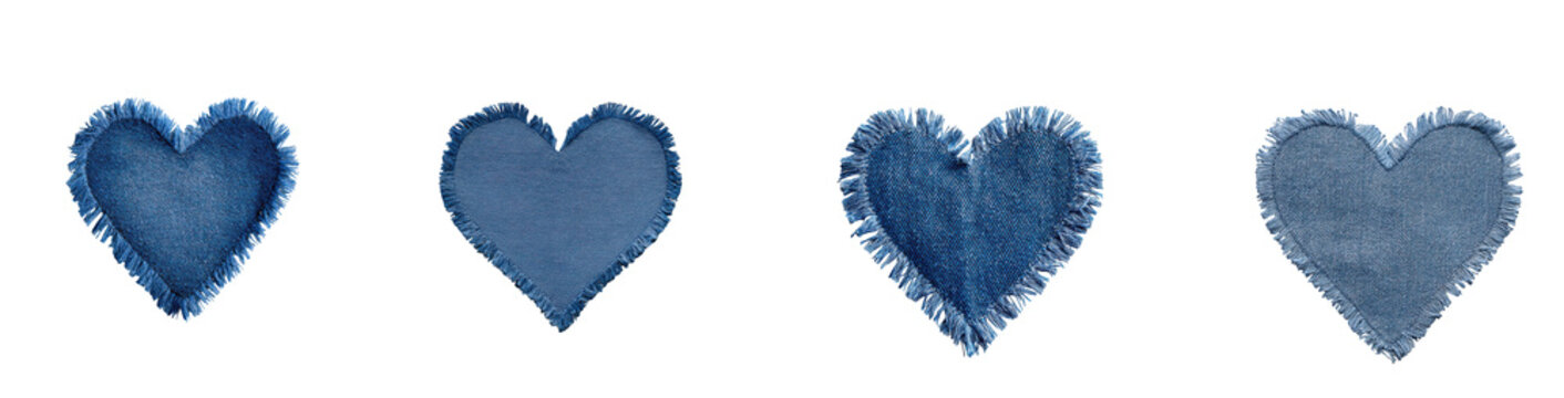 Four uniquely shaped blue embroidered hearts with textured surfaces are beautifully displayed against a black backdrop on transparent background