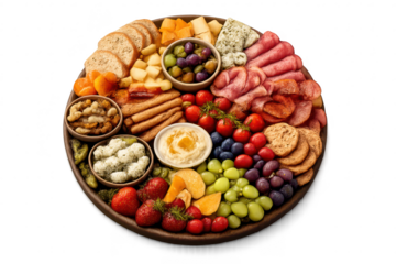Charcuterie board full of food against transparent background photo