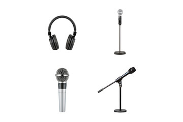 Minimalist audio icon set with microphone, headphones, and sound wave symbols. Vector line art for podcast, music recording, broadcast, and communication app interface design