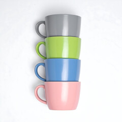 Vertical Stack of Colorful Ceramic Coffee Mugs on White Marble &ndash; Minimalist Kitchenware