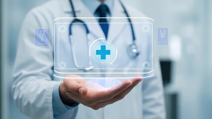 Healthcare innovation with futuristic medical technology and digital hologram interface, doctor presenting virtual health icon for modern medical solutions - Powered by Adobe