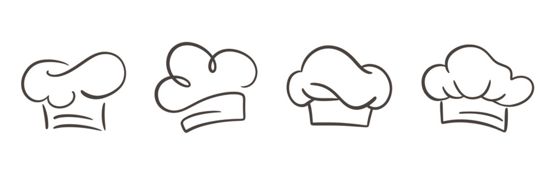 Chef Hat Line Art Drawing Baker Cap Icon Logo Set