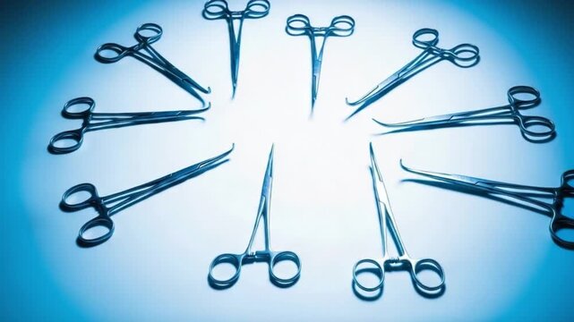Surgical scissors arranged in a circle on a blue background with a white center light