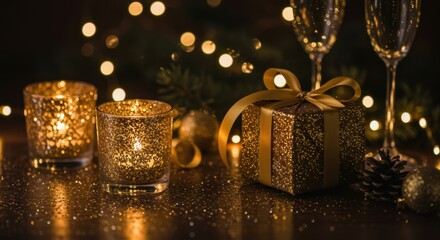 Elegant golden Christmas gift box with candles and champagne glasses, festive bokeh lights