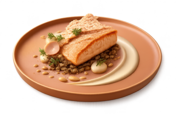 Salmon filet presentation with transparent background dish design art.