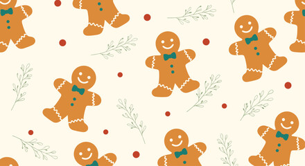 Obraz premium Holiday seamless pattern featuring cute gingerbread man cookies with green bow ties and delicate pine branch sketches on cream.