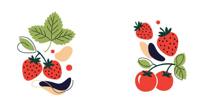 Modern art illustration of fresh red strawberries and ripe tomatoes decorated with abstract organic shapes and green leaf motifs.