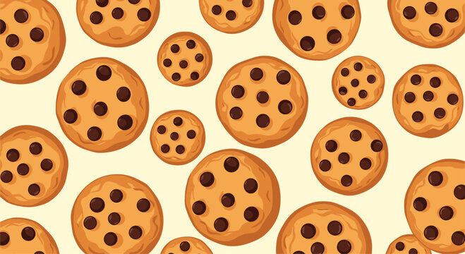 Delicious chocolate chip cookies seamless pattern set against a warm cream background creating a tasty dessert theme for design.