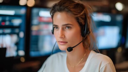 A customer service agent responding calmly to a frustrated client on a headset, multiple screens showing support tickets and chat windows — professional communication, conflict resolution, and - Powered by Adobe