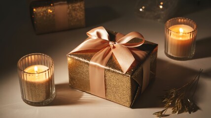 Elegant golden gift box with candles and soft light, perfect for celebrations