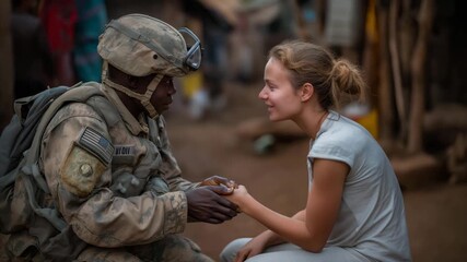 A deployed medic treating a local resident outside a temporary clinic, offering water and calm reassurance — humanitarian mission, compassion during deployment, and community support in conflict