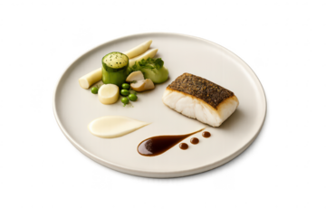Gourmet plated fish fillet, vegetables and transparent background.