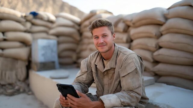 A deployed service member video-calling family on a rugged tablet, smiling despite exhaustion while sitting against sandbags &mdash; long-distance communication, emotional connection, and the human side
