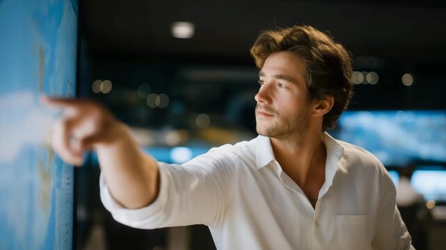 A dispatch manager pointing at a digital whiteboard showing delivery clusters and ETA heatmaps &mdash; predictive analytics in logistics, smart route planning, and advanced dispatch optimization.