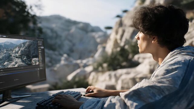 A game developer debugging physics glitches in a 3D engine, adjusting collider boxes and running test simulations &mdash; immersive gaming pipeline, technical artistry, and performance tuning. cinematic