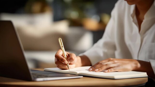 A hand writing goals in a minimalist planner beside a laptop &mdash; productivity system, time management strategies, personal development practice, and modern journaling habits. cinematic color