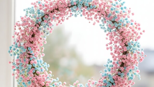 Wreath made of pink and blue babys breath flowers for gender reveal or baby shower decoration