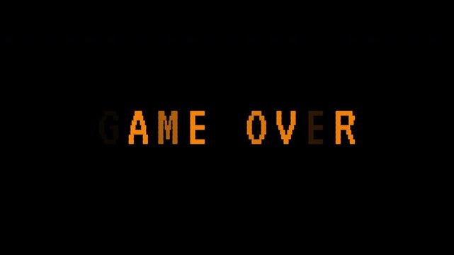 A classic retro pixel art 'GAME OVER' message blinks and flickers repeatedly on a dark black screen.  Classic Arcade Game in 4k video quality.